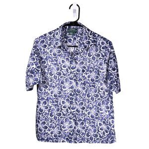 Ralph Lauren Women's Shirt Button Up Blue White Floral Short Sleeve Blouse Top S